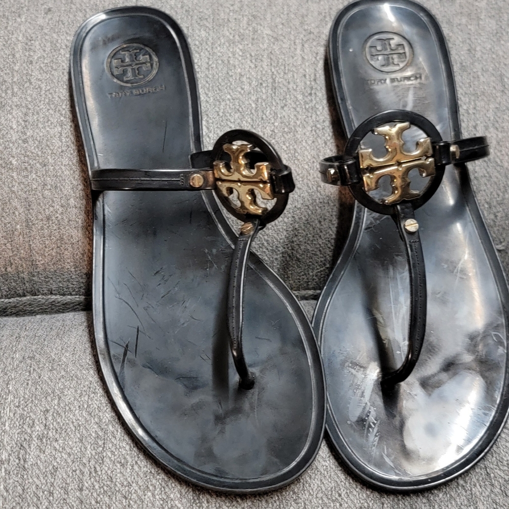 Tory Burch Black Sandals with Gold Emblem Jelly Size 9